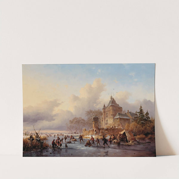 A winter landscape with activites on the ice near a castle by Frederik Marinus Kruseman