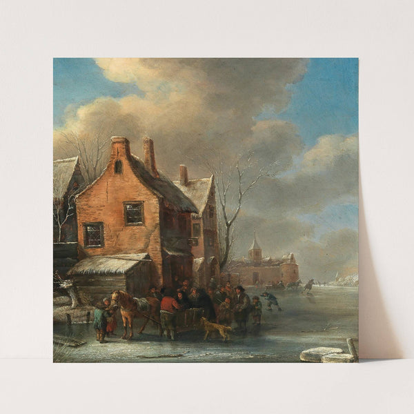 A winter landscape with figures on a frozen river by Nicolaes Molenaer