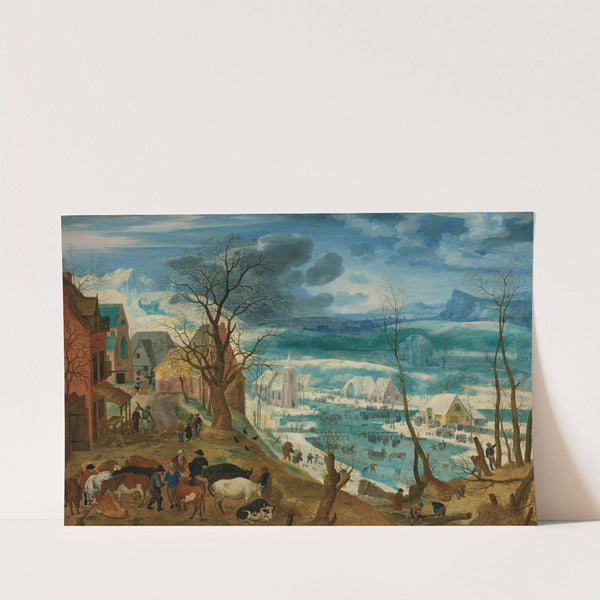 A winter landscape with peasants and cattle by a farmstead, with skaters on a frozen river beyond by Jacob Savery the Elder