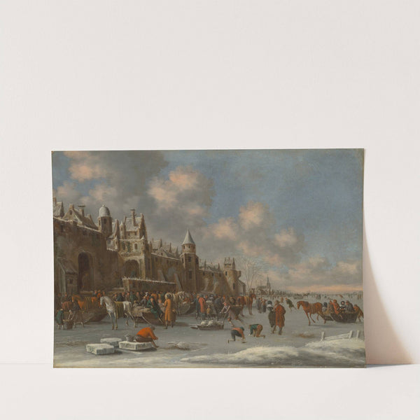 A winter landscape with skaters on a frozen lake near a city wall by Thomas Heeremans
