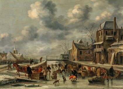 A winter landscape with skaters on a frozen river
