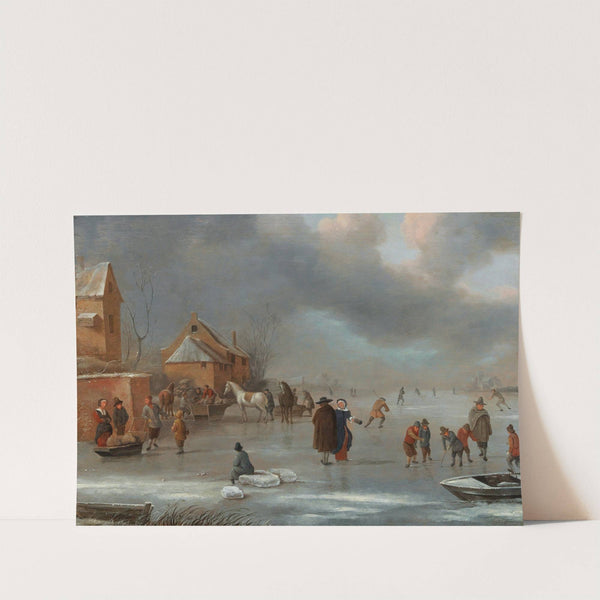 A winter landscape with skaters on the ice by Nicolaes Molenaer