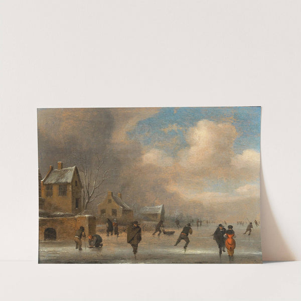 A winter landscape with skaters on the ice by Nicolaes Molenaer
