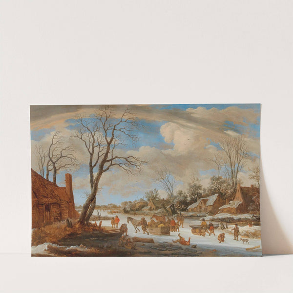 A winter landscape with travellers and other figures on ice by Pieter de Molijn