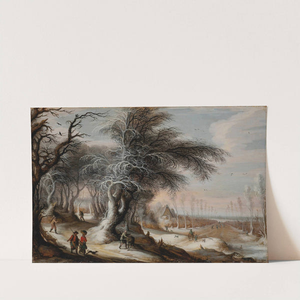 A winter landscape with villagers on a path by Gijsbrecht Leytens