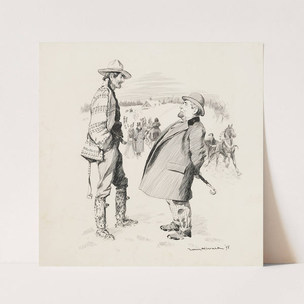 A winter scene. A man in a suit talks with a man in rougher clothes, while behind them people in fine clothes walk and ride in sleighs. (1899) by William Henry Walker