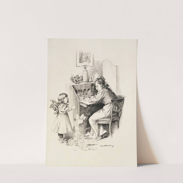 A woman at her desk, trying to write, looks angrily at a crying young girl next to her. (1896) by William Henry Walker