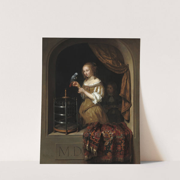 A Woman Feeding a Parrot,with a Page by Caspar Netscher