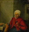 A woman holding a jug and a cup