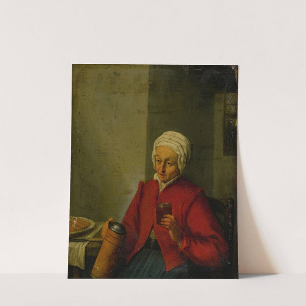 A woman holding a jug and a cup by Adriaen van Ostade