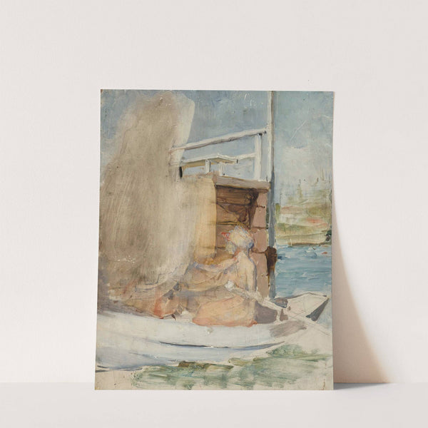 A woman in a boat at the pier by Albert Edelfelt