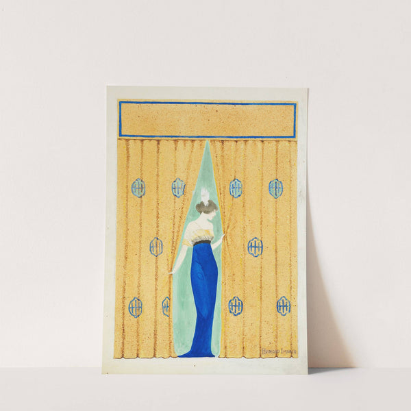 A woman in a fancy dress comes through curtains. by Harold Imbrie