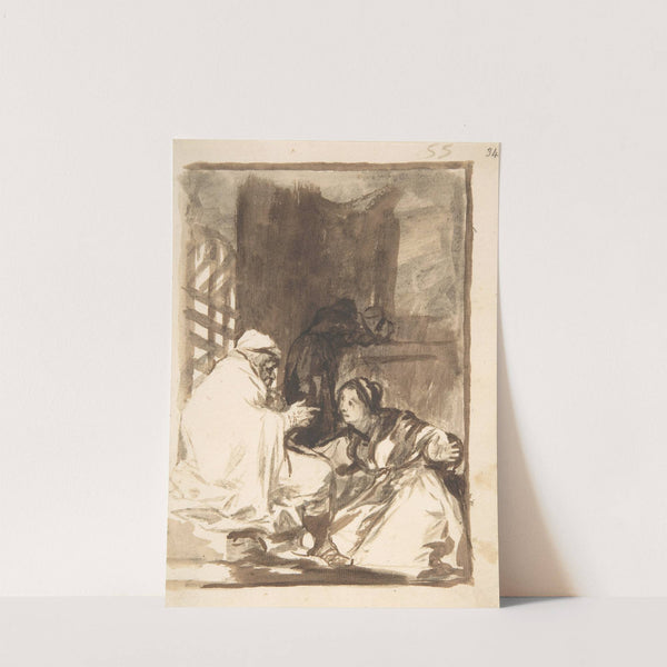 A woman kneeling, her arms wide, before an old man (ca. 1812–20) by Francisco de Goya