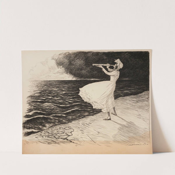 A woman looks out to sea with a telescope. (1904) by William Henry Walker