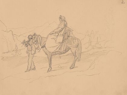 A woman on a horse led by a man in fez