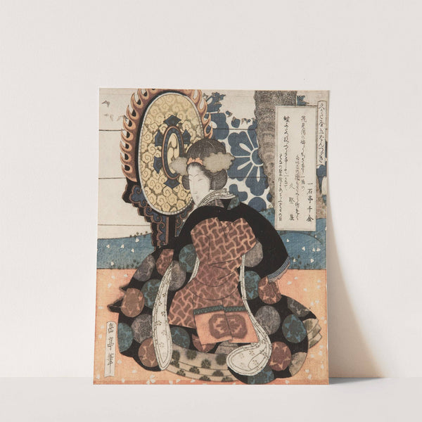 A woman playing a large suspended drum (tsuridaiko) by Yashima Gakutei