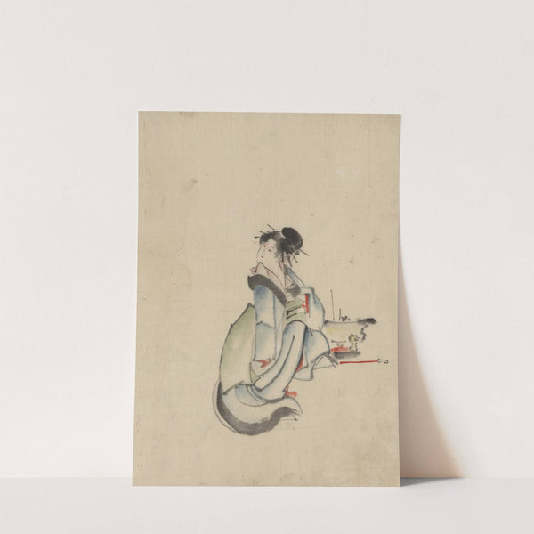 A woman, possibly a courtesan, seated, facing right, with her head turned to look back over her right shoulder, wearing several hairpins by Katsushika Hokusai