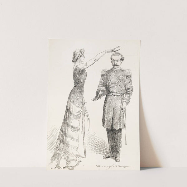 A woman representing Columbia, with a stars and stripes dress, puts a laurel wreath on the head of a man in a military uniform. by Homer Davenport