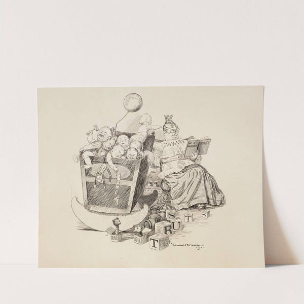 A woman, representing tariffs, rocks a cradle with many babies representing the Trusts (1901) by William Henry Walker