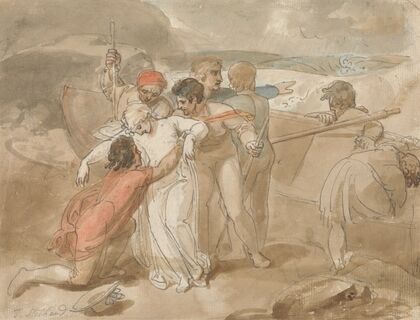 A Woman Rescued from the Sea and Assisted Ashore, Rowing Boat and Rescuers in Background