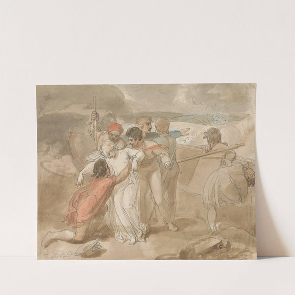 A Woman Rescued from the Sea and Assisted Ashore, Rowing Boat and Rescuers in Background by Thomas Stothard