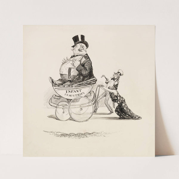 A woman struggles to push a large baby carriage with a fat man inside representing infant industries (1901) by William Henry Walker