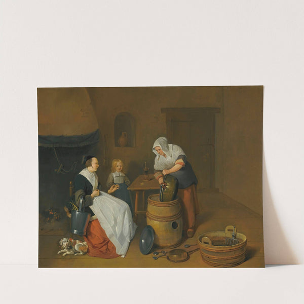 A Woman Talking With Her Maid In A Kitchen Interior With A Child, A Dog And A Fire by Quirijn Van Brekelenkam
