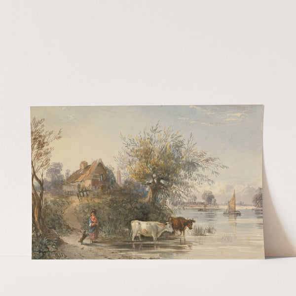 A Woman Tending Cattle by a River by R. P. Noble
