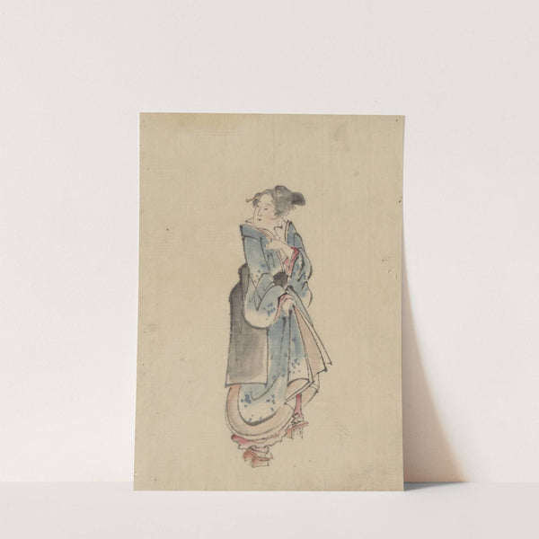 A woman walking to the right, full-length portrait, facing left, wearing kimono and geta by Katsushika Hokusai
