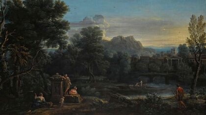 A wooded classical landscape with figures resting in the foreground and bathing in the river, a town beyond