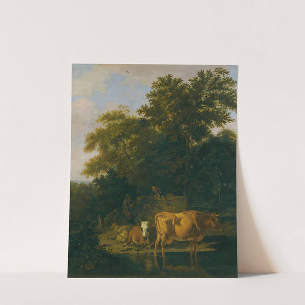 A wooded landscape at dusk, with two herdsmen a dog, sheep and cattle (1650) by Adriaen van de Velde
