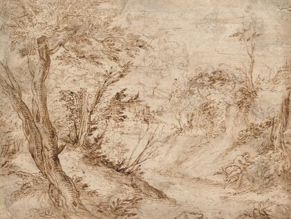 A wooded landscape with a figure resting beside a road and a river in the background