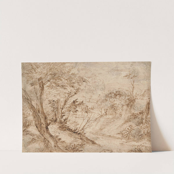 A wooded landscape with a figure resting beside a road and a river in the background by Agostino Carracci