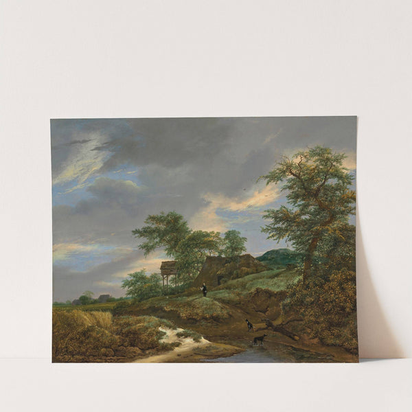 A wooded landscape with a man and two dogs on a path, a cottage beyond (1648) by Jacob van Ruisdael