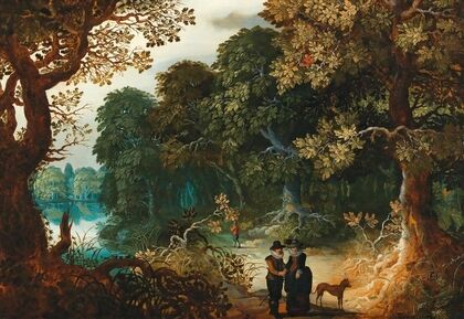 A wooded landscape with an amorous couple