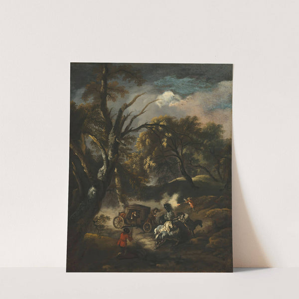 A wooded landscape with bandits ambushing a carriage by Pandolfo Reschi