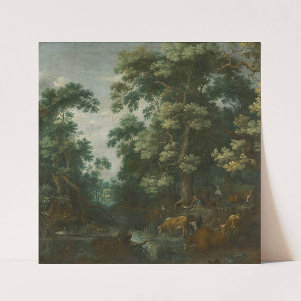 A Wooded Landscape With Deer And Cattle By A River, A Sleeping Herdsman Nearby by Gillis Claesz. de Hondecoeter