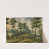 A wooded landscape with drovers and their cattle, a village beyond by Izaak van Oosten