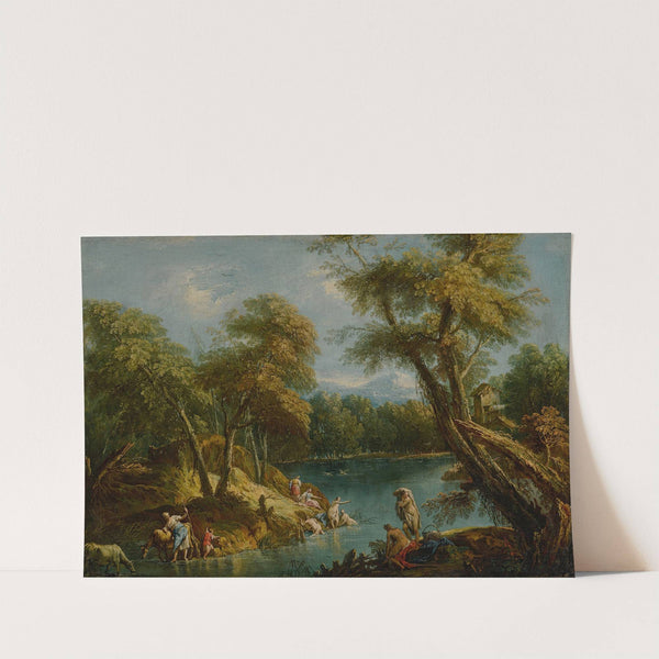 A wooded landscape with figures and animals by a lake by Antonio Diziani