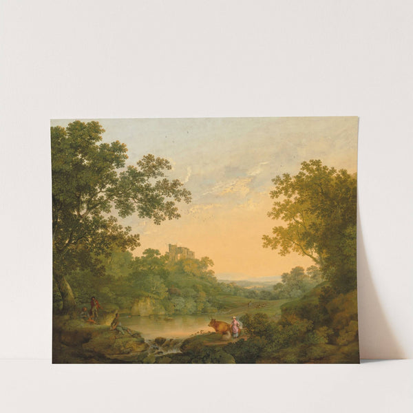 A wooded landscape with fishermen and shepherds by a pond, a ruined castle beyond by George Smith