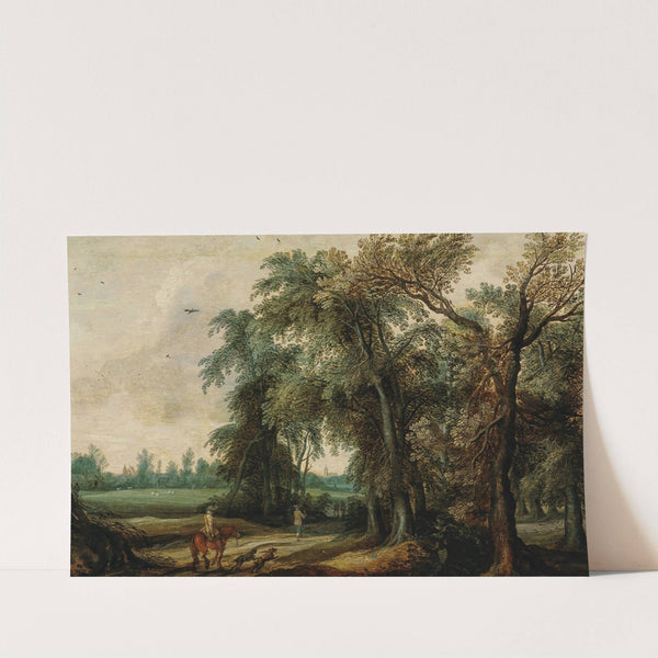 A wooded landscape with hunters by Willem van den Bundel