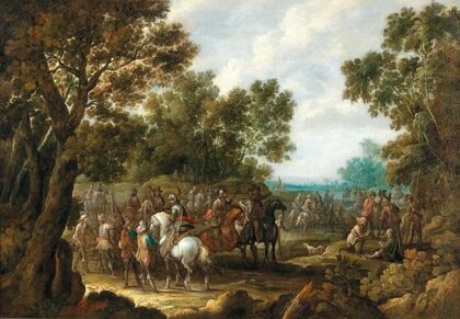 A wooded landscape with soldiers resting