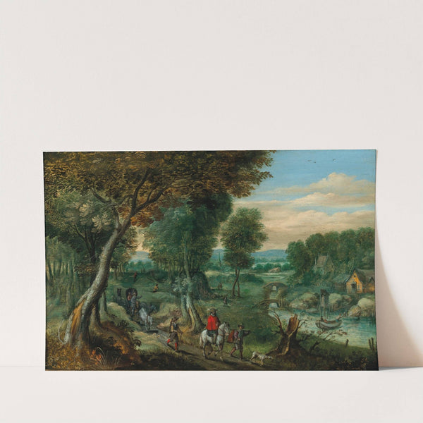 A wooded landscape with travellers by a river by Mattheus Molanus