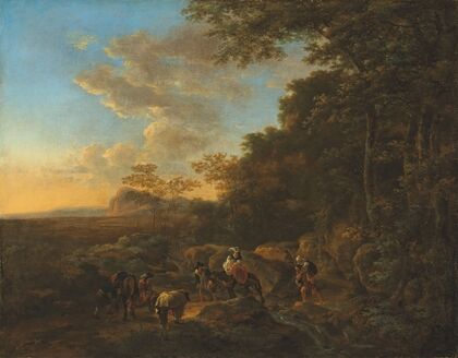 A wooded landscape with travellers crossing a ford