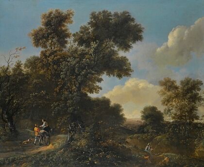 A wooded landscape with travellers on a sandy path