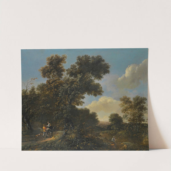 A wooded landscape with travellers on a sandy path by Adriaen Hendriksz. Verboom