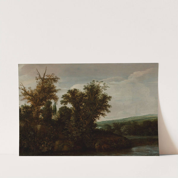 A wooded river landscape with a horseman, circa by Hendrik Cornelisz. Vroom