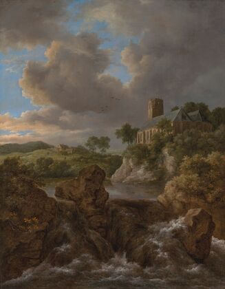 A wooded river landscape with a waterfall, a church and farm beyond