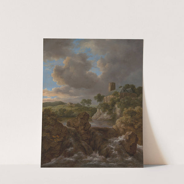 A wooded river landscape with a waterfall, a church and farm beyond by Jacob van Ruisdael