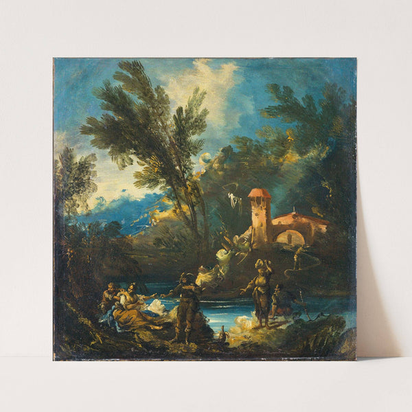 A wooded river landscape with figures by Antonio Francesco Peruzzini